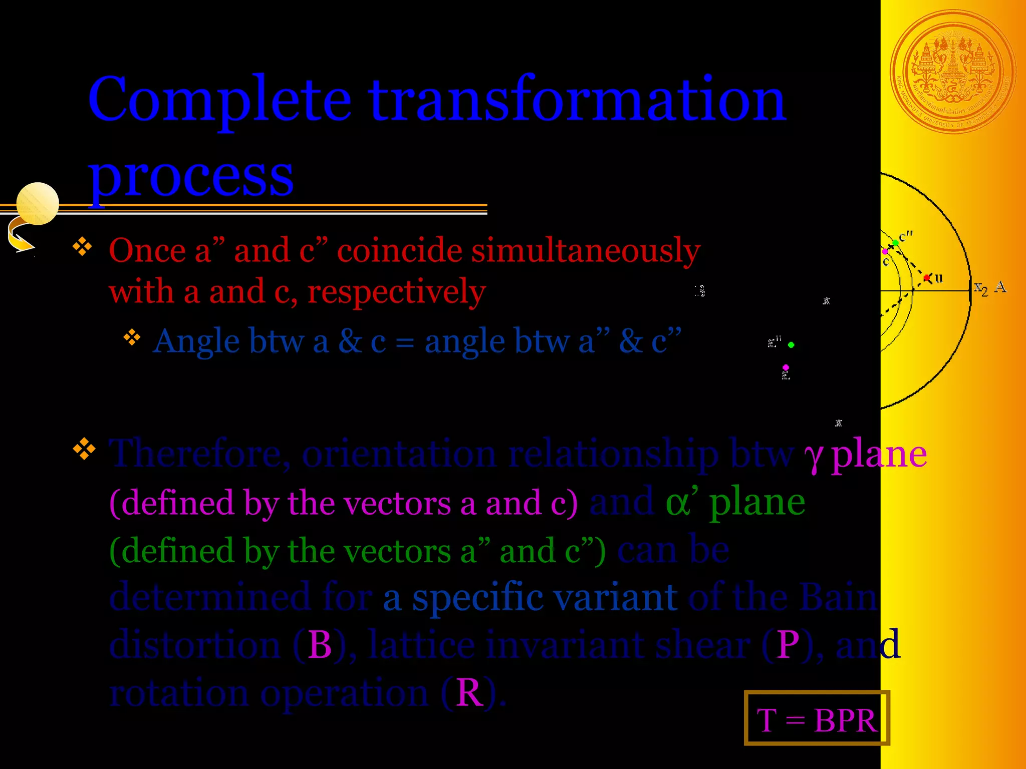 Complete transformation
process
   Once a” and c” coincide simultaneously
    with a and c, respectively
      Angle btw a & c = angle btw a’’ & c’’



 Therefore,     orientation relationship btw γ plane
    (defined by the vectors a and c) and α’ plane
    (defined by the vectors a” and c”) can be
    determined for a specific variant of the Bain
    distortion (B), lattice invariant shear (P), and
    rotation operation (R).
                                               T = BPR
                                                  34
 