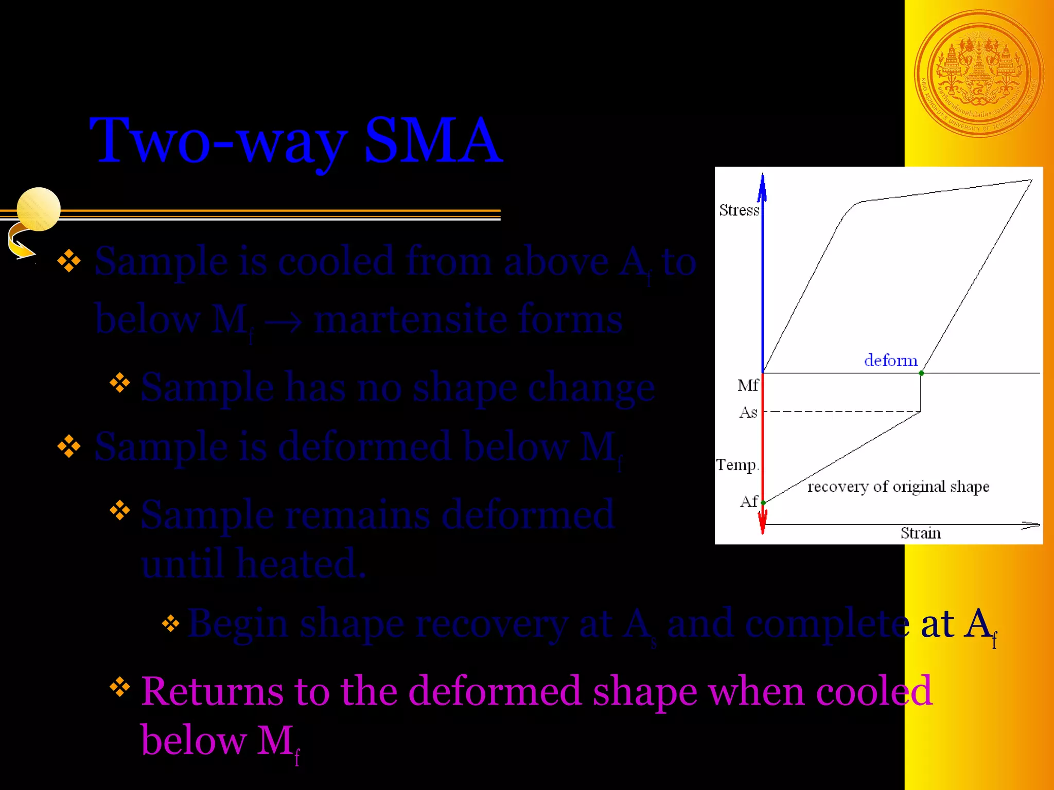 Two-way SMA
 Sample is cooled from above Af to
  below Mf → martensite forms
   Sample  has no shape change
 Sample is deformed below Mf
   Sample  remains deformed
    until heated.
      Begin shape recovery at A and complete at A
                                s                  f

   Returnsto the deformed shape when cooled
    below Mf                          53
 