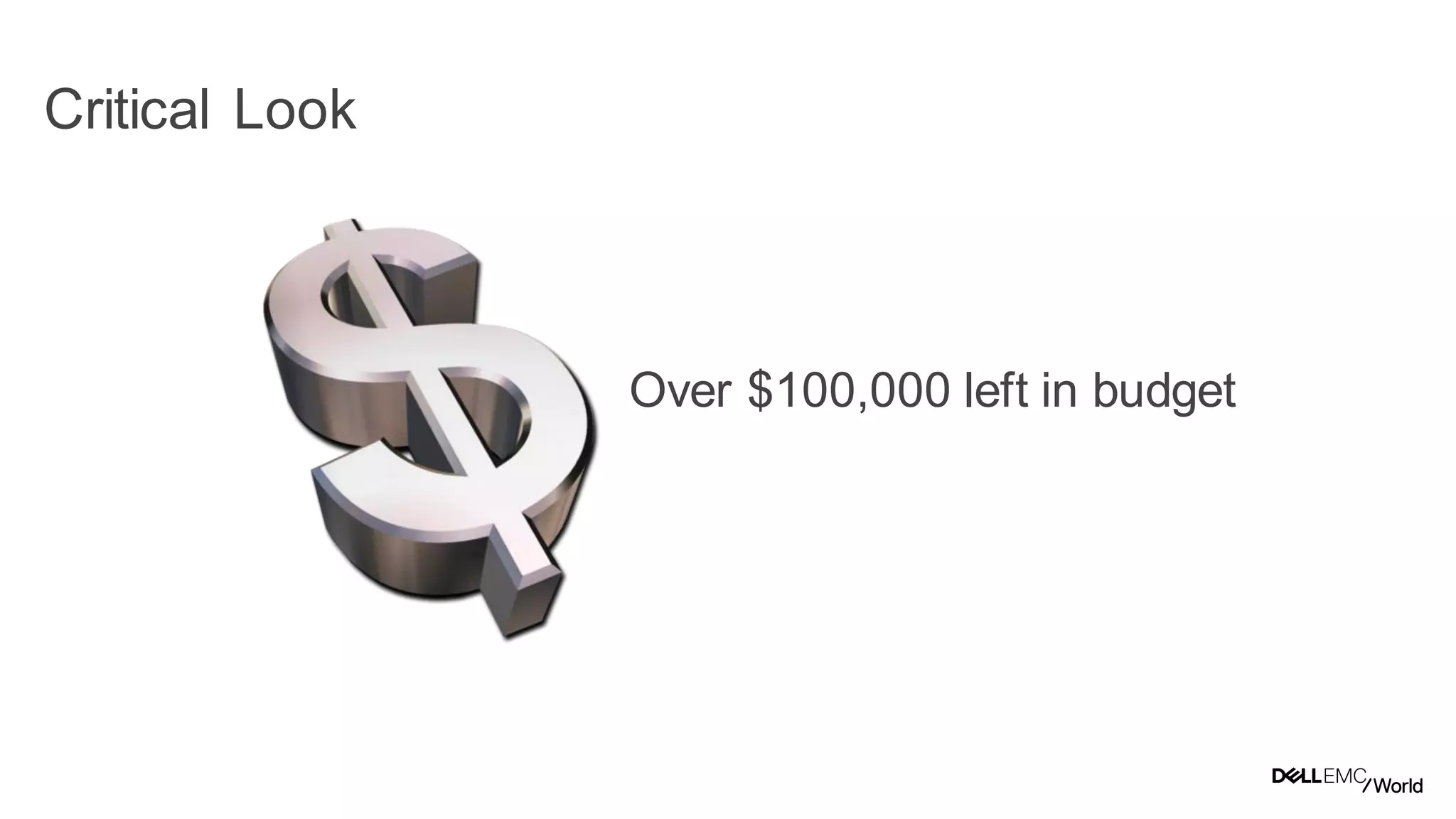 11
Dell - Internal Use - Confidential
Critical Look
Over $100,000 left in budget
 