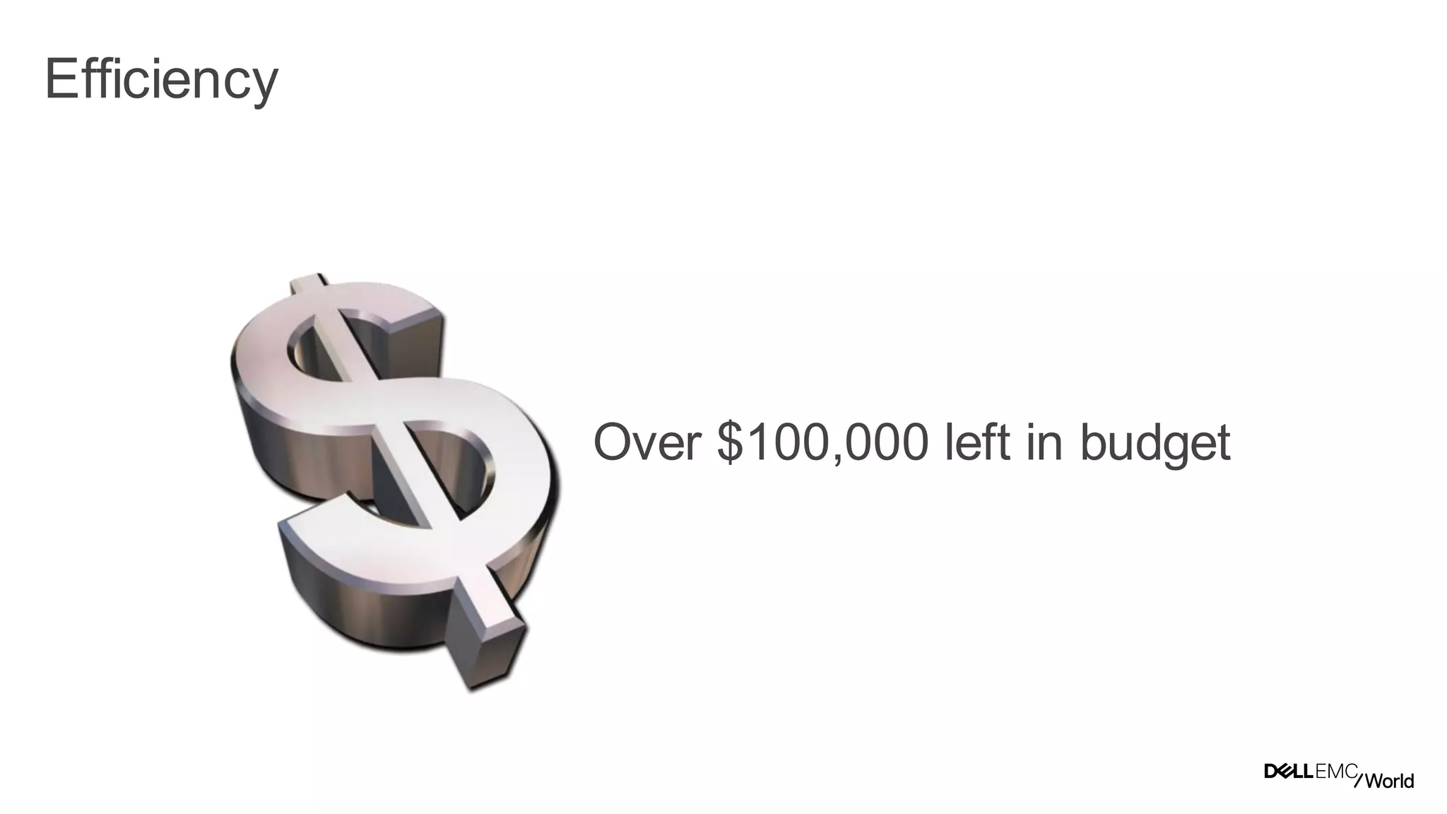16
Dell - Internal Use - Confidential
Efficiency
Over $100,000 left in budget
 