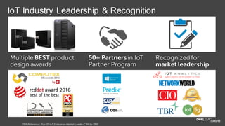 Multiple BEST product
design awards
Recognized for
market leadership
50+ Partners in IoT
Partner Program
TBR Reference: Top20 IoT Enterprise Market Leader (CRNbyTBR)
IoT Industry Leadership & Recognition
 