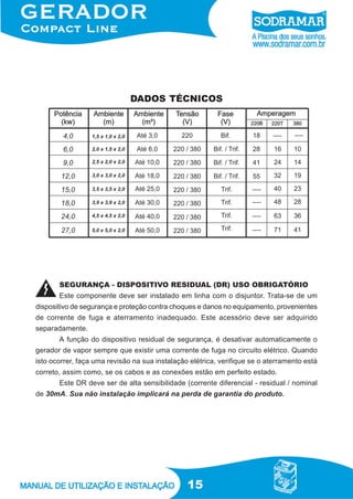 15
SEGURANÇA - DISPOSITIVO RESIDUAL (DR) USO OBRIGATÓRIO
Este componente deve ser instalado em linha com o disjuntor. Trata-se de um
dispositivo de segurança e proteção contra choques e danos no equipamento, provenientes
de corrente de fuga e aterramento inadequado. Este acessório deve ser adquirido
separadamente.
A função do dispositivo residual de segurança, é desativar automaticamente o
gerador de vapor sempre que existir uma corrente de fuga no circuito elétrico. Quando
isto ocorrer, faça uma revisão na sua instalação elétrica, verifique se o aterramento está
correto, assim como, se os cabos e as conexões estão em perfeito estado.
Este DR deve ser de alta sensibilidade (corrente diferencial - residual / nominal
de 30mA. Sua não instalação implicará na perda de garantia do produto.
DADOS TÉCNICOS
 