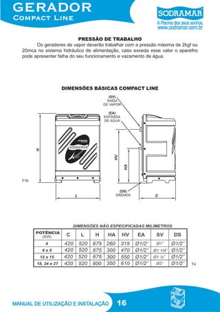 16
DIMENSÕES BÁSICAS COMPACT LINE
PRESSÃO DE TRABALHO
Os geradores de vapor deverão trabalhar com a pressão máxima de 2kgf ou
20mca no sistema hidráulico de alimentação, caso exceda esse valor o aparelho
pode apresentar falha do seu funcionamento e vazamento de água.
F16
T4
 