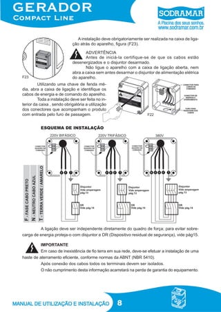 8
A instalação deve obrigatoriamente ser realizada na caixa de liga-
ção atrás do aparelho, figura (F23).
Antes de iniciá-la certifique-se de que os cabos estão
desenergizados e o disjuntor desarmado.
Não ligue o aparelho com a caixa de ligação aberta, nem
abra a caixa sem antes desarmar o disjuntor de alimentação elétrica
do aparelho.
Utilizando uma chave de fenda mé-
dia, abra a caixa de ligação e identifique os
cabos de energia e de comando do aparelho.
Toda a instalação deve ser feita no in-
terior da caixa , sendo obrigatória a utilização
dos conectores que acompanham o produto
com entrada pelo furo de passagem.
ESQUEMA DE INSTALAÇÃO
IMPORTANTE
Em caso de inexistência de fio terra em sua rede, deve-se efetuar a instalação de uma
haste de aterramento eficiente, conforme normas da ABNT (NBR 5410).
Após conexão dos cabos todos os terrminais devem ser isolados.
O não cumprimento desta informação acarretará na perda de garantia do equipamento.
A ligação deve ser independente diretamente do quadro de força; para evitar sobre-
carga de energia proteja-o com disjuntor e DR (Dispositivo residual de segurança), vide pág15.
F22
F23
ADVERTÊNCIA
 