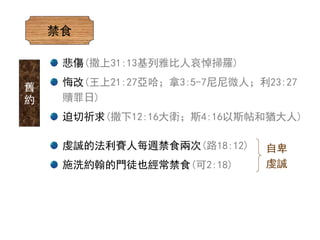 禁食
悲傷(撒上31:13基列雅比人哀悼掃羅)
悔改(王上21:27亞哈；拿3:5-7尼尼微人；利23:27
贖罪日)
迫切祈求(撒下12:16大衛；斯4:16以斯帖和猶大人)
舊
約
虔誠的法利賽人每週禁食兩次(路18:12)
施洗約翰的門徒也經常禁食(可2:18)
自卑
虔誠
 