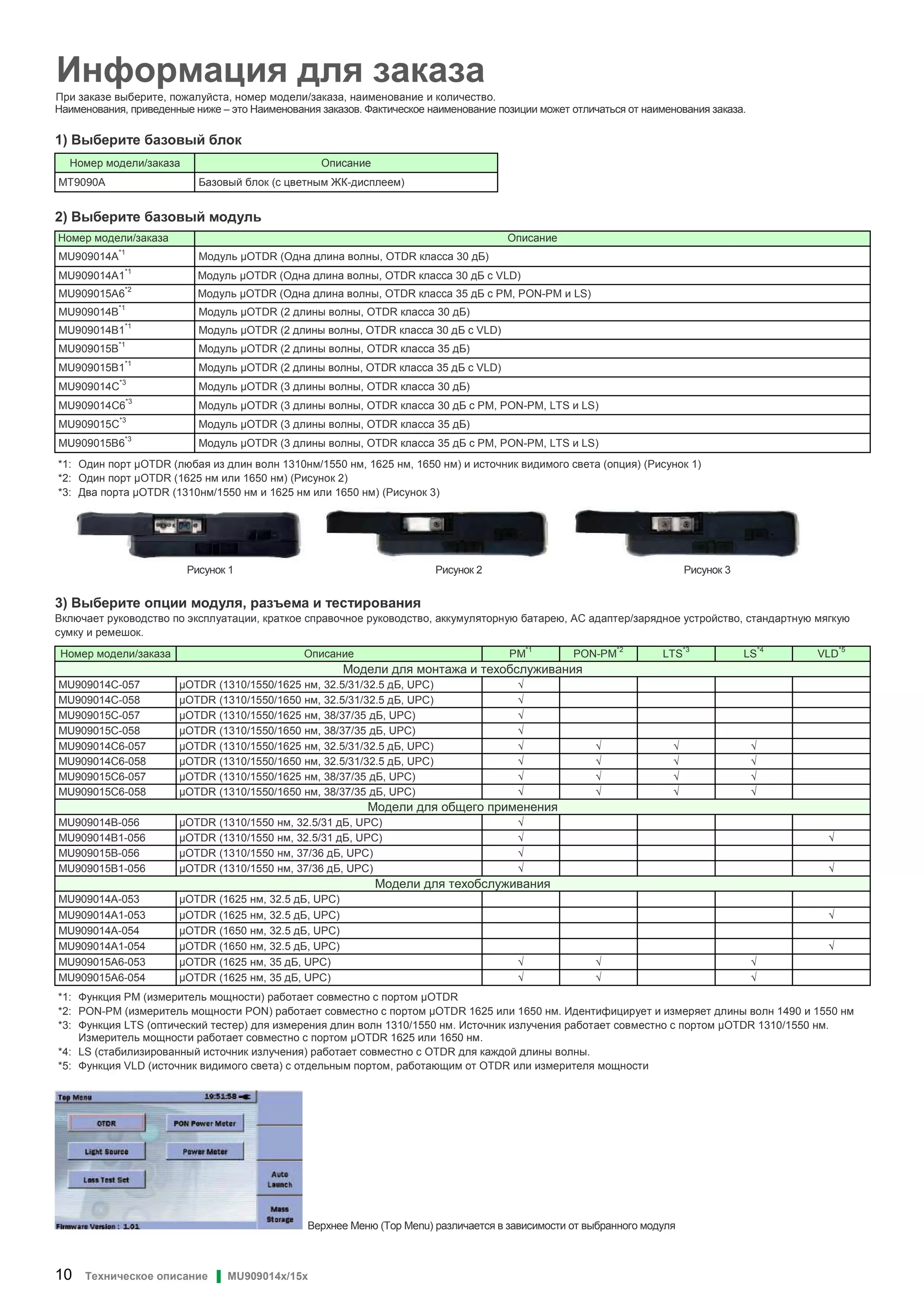 10 Техническое описание ▌ MU909014x/15x
Информация для заказа
При заказе выберите, пожалуйста, номер модели/заказа, наименование и количество.
Наименования, приведенные ниже – это Наименования заказов. Фактическое наименование позиции может отличаться от наименования заказа.
1) Выберите базовый блок
Номер модели/заказа Описание
MT9090A Базовый блок (с цветным ЖК-дисплеем)
2) Выберите базовый модуль
Номер модели/заказа Описание
MU909014A
*1
Модуль OTDR (Одна длина волны, OTDR класса 30 дБ)
MU909014A1
*1
Модуль OTDR (Одна длина волны, OTDR класса 30 дБ с VLD)
MU909015A6
*2
Модуль OTDR (Одна длина волны, OTDR класса 35 дБ с PM, PON-PM и LS)
MU909014B
*1
Модуль OTDR (2 длины волны, OTDR класса 30 дБ)
MU909014B1*1
Модуль OTDR (2 длины волны, OTDR класса 30 дБ с VLD)
MU909015B
*1
Модуль OTDR (2 длины волны, OTDR класса 35 дБ)
MU909015B1*1
Модуль OTDR (2 длины волны, OTDR класса 35 дБ с VLD)
MU909014C
*3
Модуль OTDR (3 длины волны, OTDR класса 30 дБ)
MU909014C6
*3
Модуль OTDR (3 длины волны, OTDR класса 30 дБ с PM, PON-PM, LTS и LS)
MU909015C
*3
Модуль OTDR (3 длины волны, OTDR класса 35 дБ)
MU909015B6*3
Модуль OTDR (3 длины волны, OTDR класса 35 дБ с PM, PON-PM, LTS и LS)
*1: Один порт OTDR (любая из длин волн 1310нм/1550 нм, 1625 нм, 1650 нм) и источник видимого света (опция) (Рисунок 1)
*2: Один порт OTDR (1625 нм или 1650 нм) (Рисунок 2)
*3: Два порта OTDR (1310нм/1550 нм и 1625 нм или 1650 нм) (Рисунок 3)
Рисунок 1 Рисунок 2 Рисунок 3
3) Выберите опции модуля, разъема и тестирования
Включает руководство по эксплуатации, краткое справочное руководство, аккумуляторную батарею, AC адаптер/зарядное устройство, стандартную мягкую
сумку и ремешок.
Номер модели/заказа Описание PM
*1
PON-PM
*2
LTS
*3
LS
*4
VLD
*5
Модели для монтажа и техобслуживания
MU909014C-057 OTDR (1310/1550/1625 нм, 32.5/31/32.5 дБ, UPC) √
MU909014C-058 OTDR (1310/1550/1650 нм, 32.5/31/32.5 дБ, UPC) √
MU909015C-057 OTDR (1310/1550/1625 нм, 38/37/35 дБ, UPC) √
MU909015C-058 OTDR (1310/1550/1650 нм, 38/37/35 дБ, UPC) √
MU909014C6-057 OTDR (1310/1550/1625 нм, 32.5/31/32.5 дБ, UPC) √ √ √ √
MU909014C6-058 OTDR (1310/1550/1650 нм, 32.5/31/32.5 дБ, UPC) √ √ √ √
MU909015C6-057 OTDR (1310/1550/1625 нм, 38/37/35 дБ, UPC) √ √ √ √
MU909015C6-058 OTDR (1310/1550/1650 нм, 38/37/35 дБ, UPC) √ √ √ √
Модели для общего применения
MU909014B-056 OTDR (1310/1550 нм, 32.5/31 дБ, UPC) √
MU909014B1-056 OTDR (1310/1550 нм, 32.5/31 дБ, UPC) √ √
MU909015B-056 OTDR (1310/1550 нм, 37/36 дБ, UPC) √
MU909015B1-056 OTDR (1310/1550 нм, 37/36 дБ, UPC) √ √
Модели для техобслуживания
MU909014A-053 OTDR (1625 нм, 32.5 дБ, UPC)
MU909014A1-053 OTDR (1625 нм, 32.5 дБ, UPC) √
MU909014A-054 OTDR (1650 нм, 32.5 дБ, UPC)
MU909014A1-054 OTDR (1650 нм, 32.5 дБ, UPC) √
MU909015A6-053 OTDR (1625 нм, 35 дБ, UPC) √ √ √
MU909015A6-054 OTDR (1625 нм, 35 дБ, UPC) √ √ √
*1: Функция PM (измеритель мощности) работает совместно с портом OTDR
*2: PON-PM (измеритель мощности PON) работает совместно с портом OTDR 1625 или 1650 нм. Идентифицирует и измеряет длины волн 1490 и 1550 нм
*3: Функция LTS (оптический тестер) для измерения длин волн 1310/1550 нм. Источник излучения работает совместно с портом OTDR 1310/1550 нм.
Измеритель мощности работает совместно с портом OTDR 1625 или 1650 нм.
*4: LS (стабилизированный источник излучения) работает совместно с OTDR для каждой длины волны.
*5: Функция VLD (источник видимого света) с отдельным портом, работающим от OTDR или измерителя мощности
Верхнее Меню (Top Menu) различается в зависимости от выбранного модуля
 