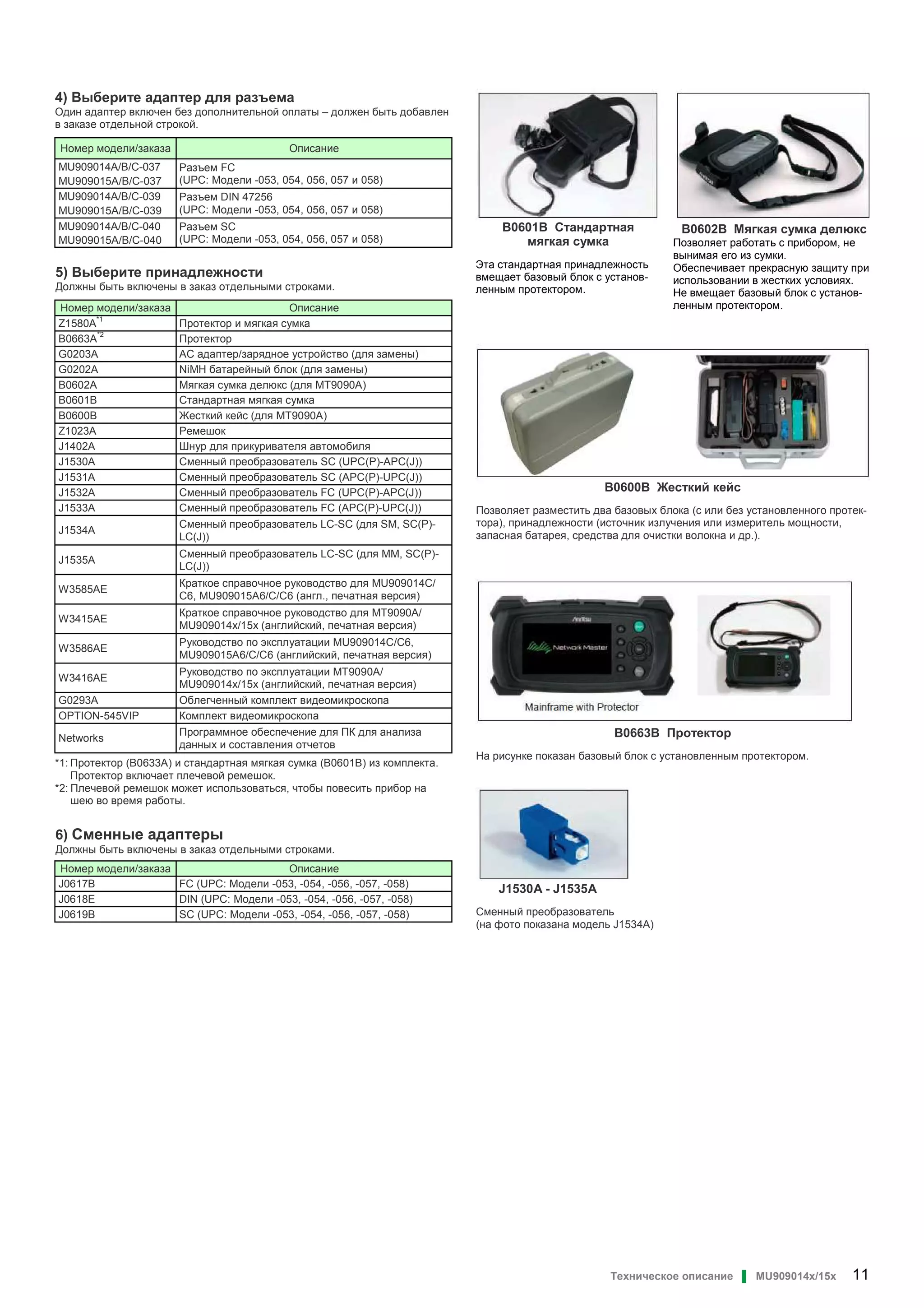 Техническое описание ▌ MU909014x/15x 11
4) Выберите адаптер для разъема
Один адаптер включен без дополнительной оплаты – должен быть добавлен
в заказе отдельной строкой.
Номер модели/заказа Описание
MU909014A/B/C-037
MU909015A/B/C-037
Разъем FC
(UPC: Модели -053, 054, 056, 057 и 058)
MU909014A/B/C-039
MU909015A/B/C-039
Разъем DIN 47256
(UPC: Модели -053, 054, 056, 057 и 058)
MU909014A/B/C-040
MU909015A/B/C-040
Разъем SC
(UPC: Модели -053, 054, 056, 057 и 058)
5) Выберите принадлежности
Должны быть включены в заказ отдельными строками.
Номер модели/заказа Описание
Z1580A
*1
Протектор и мягкая сумка
B0663A*2
Протектор
G0203A AC адаптер/зарядное устройство (для замены)
G0202A NiMH батарейный блок (для замены)
B0602A Мягкая сумка делюкс (для MT9090A)
B0601B Стандартная мягкая сумка
B0600B Жесткий кейс (для MT9090A)
Z1023A Ремешок
J1402A Шнур для прикуривателя автомобиля
J1530A Сменный преобразователь SC (UPC(P)-APC(J))
J1531A Сменный преобразователь SC (APC(P)-UPC(J))
J1532A Сменный преобразователь FC (UPC(P)-APC(J))
J1533A Сменный преобразователь FC (APC(P)-UPC(J))
J1534A
Сменный преобразователь LC-SC (для SM, SC(P)-
LC(J))
J1535A
Сменный преобразователь LC-SC (для MM, SC(P)-
LC(J))
W3585AE
Краткое справочное руководство для MU909014C/
C6, MU909015A6/C/C6 (англ., печатная версия)
W3415AE
Краткое справочное руководство для MT9090A/
MU909014x/15x (английский, печатная версия)
W3586AE
Руководство по эксплуатации MU909014C/C6,
MU909015A6/C/C6 (английский, печатная версия)
W3416AE
Руководство по эксплуатации MT9090A/
MU909014x/15x (английский, печатная версия)
G0293A Облегченный комплект видеомикроскопа
OPTION-545VIP Комплект видеомикроскопа
Networks
Программное обеспечение для ПК для анализа
данных и составления отчетов
*1: Протектор (B0633A) и стандартная мягкая сумка (B0601B) из комплекта.
Протектор включает плечевой ремешок.
*2: Плечевой ремешок может использоваться, чтобы повесить прибор на
шею во время работы.
6) Сменные адаптеры
Должны быть включены в заказ отдельными строками.
Номер модели/заказа Описание
J0617B FC (UPC: Модели -053, -054, -056, -057, -058)
J0618E DIN (UPC: Модели -053, -054, -056, -057, -058)
J0619B SC (UPC: Модели -053, -054, -056, -057, -058)
B0600B Жесткий кейс
Позволяет разместить два базовых блока (с или без установленного протек-
тора), принадлежности (источник излучения или измеритель мощности,
запасная батарея, средства для очистки волокна и др.).
B0663B Протектор
На рисунке показан базовый блок с установленным протектором.
J1530A - J1535A
Сменный преобразователь
(на фото показана модель J1534A)
B0601B Стандартная
мягкая сумка
Эта стандартная принадлежность
вмещает базовый блок с установ-
ленным протектором.
B0602B Мягкая сумка делюкс
Позволяет работать с прибором, не
вынимая его из сумки.
Обеспечивает прекрасную защиту при
использовании в жестких условиях.
Не вмещает базовый блок с установ-
ленным протектором.
 