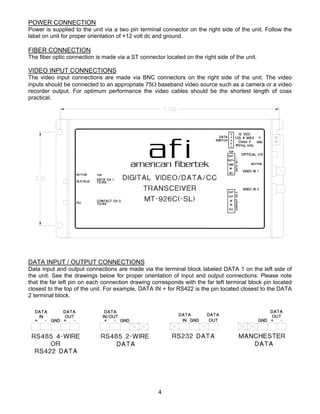 4
POWER CONNECTION
Power is supplied to the unit via a two pin terminal connector on the right side of the unit. Follow the
label on unit for proper orientation of +12 volt dc and ground.
FIBER CONNECTION
The fiber optic connection is made via a ST connector located on the right side of the unit.
VIDEO INPUT CONNECTIONS
The video input connections are made via BNC connectors on the right side of the unit. The video
inputs should be connected to an appropriate 75 baseband video source such as a camera or a video
recorder output. For optimum performance the video cables should be the shortest length of coax
practical.
DATA INPUT / OUTPUT CONNECTIONS
Data input and output connections are made via the terminal block labeled DATA 1 on the left side of
the unit. See the drawings below for proper orientation of input and output connections. Please note
that the far left pin on each connection drawing corresponds with the far left terminal block pin located
closest to the top of the unit. For example, DATA IN + for RS422 is the pin located closest to the DATA
2 terminal block.
afiamerican fibertek
 