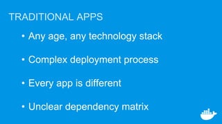TRADITIONAL APPS
• Any age, any technology stack
• Complex deployment process
• Every app is different
• Unclear dependency matrix
 