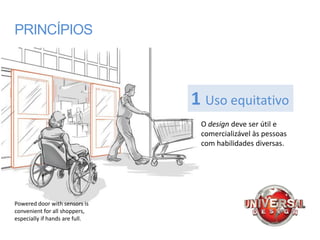 PRINCÍPIOS



                                1 Uso equitativo
                                 O design deve ser útil e
                                 comercializável às pessoas
                                 com habilidades diversas.




Powered door with sensors is
convenient for all shoppers,
especially if hands are full.
 
