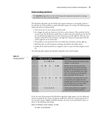 Understanding General Software Development | 79
The QuickSort algorithm uses the divide-and-conquer technique to continually partition a
list until the size of the problem is small and hardly requires any sorting. The following steps
explain this process in greater detail:
• A list of size zero or one is always sorted by itself.
• For a bigger list, pick any element in the list as a pivot element. Then, partition the list
in such a way that all elements smaller than or equal to the pivot element go into the left
list and all elements bigger than the pivot element go into the right list. Now, the com-
bination of the left list, pivot element, and right list is always in sorted order if the left
and the right list are in sorted order.
• The problem is now partitioned into two smaller lists, the left list and the right list.
• Both these lists are solved using the technique described in the bullets above.
• Finally, all the small sorted lists are merged in order to create the final complete sorted
list.
The following table explains the QuickSort algorithm with a brief example.
Understanding QuickSort
The QuickSort algorithm uses the partitioning and comparison operations to arrange
the elements of a list in the correct order.
So far, the main shortcoming of the QuickSort algorithm might appear to be the additional
memory required by the creation of separate smaller lists. However, creating separate lists is
not necessary. Using a slightly modified technique, the array can be partitioned in place, as
shown in the following code listing:
static int Partition (int[] numbers, int left,
int right, int pivotIndex)
Table 3-4
Visualizing QuickSort STEP DATA TO BE SORTED COMMENTS
1 50, 10, 30, 20, 40 Start with an unsorted list and pick a pivot
element—in this case 30.
2 20, 10 30 50, 40 Partition the list, with items less than
the pivot going to the left list and items
greater than the pivot going to the right
list. Then, to sort the left list, pick a pivot
(here, 10). Similarly, to sort the right list,
pick a pivot (here, 40) for that list.
3 - 10 20 30 - 40 50 In the left list, 20 is greater than 10, and
in the right list, 50 is greater than 40;
therefore, both 20 and 50 go into the right
list. This yields lists of only one number,
which are all by definition sorted.
4 10, 20, 30, 40, 50 All the small sorted lists are merged to
create the final complete sorted list.
c03Understanding General Softwar79 Page 79 2/26/11 11:42:18 AM f-392c03Understanding General Softwar79 Page 79 2/26/11 11:42:18 AM f-392 /Users/f-392/Desktop/Nalini 23.9/ch05/Users/f-392/Desktop/Nalini 23.9/ch05
 