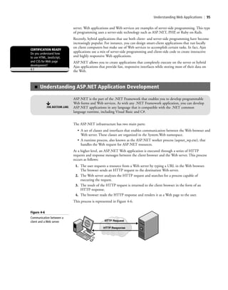 Understanding Web Applications | 95
server. Web applications and Web services are examples of server-side programming. This type
of programming uses a server-side technology such as ASP.NET, PHP, or Ruby on Rails.
Recently, hybrid applications that use both client- and server-side programming have become
increasingly popular. For instance, you can design smart-client applications that run locally
on client computers but make use of Web services to accomplish certain tasks. In fact, Ajax
applications use a mix of server-side programming and client-side code to create interactive
and highly responsive Web applications.
ASP.NET allows you to create applications that completely execute on the server or hybrid
Ajax applications that provide fast, responsive interfaces while storing most of their data on
the Web.
CERTIFICATION READY
Do you understand how
to use HTML, JavaScript,
and CSS for Web page
development?
4.1
■ Understanding ASP.NET Application Development
ASP.NET is the part of the .NET Framework that enables you to develop programmable
Web forms and Web services. As with any .NET Framework application, you can develop
ASP.NET applications in any language that is compatible with the .NET common
language runtime, including Visual Basic and C#.
THE BOTTOM LINE
The ASP.NET infrastructure has two main parts:
• A set of classes and interfaces that enables communication between the Web browser and
Web server. These classes are organized in the System.Web namespace.
• A runtime process, also known as the ASP.NET worker process (aspnet_wp.exe), that
handles the Web request for ASP.NET resources.
At a higher level, an ASP.NET Web application is executed through a series of HTTP
requests and response messages between the client browser and the Web server. This process
occurs as follows:
1. The user requests a resource from a Web server by typing a URL in the Web browser.
The browser sends an HTTP request to the destination Web server.
2. The Web server analyzes the HTTP request and searches for a process capable of
executing the request.
3. The result of the HTTP request is returned to the client browser in the form of an
HTTP response.
4. The browser reads the HTTP response and renders it as a Web page to the user.
This process is represented in Figure 4-6.
Figure 4-6
Communication between a
client and a Web server HTTP Request
HTTP Response
c04Understanding Web Application95 Page 95 2/26/11 11:47:44 AM f-392c04Understanding Web Application95 Page 95 2/26/11 11:47:44 AM f-392 /Users/f-392/Desktop/Nalini 23.9/ch05/Users/f-392/Desktop/Nalini 23.9/ch05
 