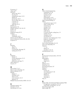 Index | 181
If statement, 11
<img> tag, 87
Inheritance
abstract class, 50–51
base class, 48
casting between types, 52–53
deﬁned, 48
derived class, 48–50
from the object class, 51–52
as operator, 53
is operator, 53
sealed class, 50, 51
Initializer, 19
Insert anomaly, 146
INSERT statement, 150, 158–159
Installer, 135
Instance, 33
Integration testing, 69–70
Interfaces
deﬁned, 56
icomparable, 56–58
Internet, versus the Web, 86
Internet Information Services (IIS), 104–106
Is operator, 53
J
JavaScript
Ajax, 93
deﬁned, 92
in external ﬁles, advantages, 94
working with, 93–94
L
Linked lists
deﬁned, 74
internal representation, 74–75
operations, 75–76
performance and usage, 76
<link> element, 91
Loop test, 19
M
Main method, 7–8, 11
Many-to-many relationship, 145
Memory allocation, 45–47
Methods
deﬁned, 11
InitFields, 34–35
objects, 34–35
return statements, 34, 35
signatures, 34
Multiple Document Interface (MDI), 126–129
N
Namespace property, 110
Namespaces, 42–43
New keyword, 35, 55–56
O
Object-oriented programming
encapsulation, 47–48
inheritance, 48–53
interfaces, 56–58
objects, 33–44
polymorphism, 53–56
values and references, 44–47
Object-oriented thinking, 33
Objects
casting between types, 52–53
classes, creating, 33–34
constructors, 35
creating, 35–36
deﬁned, 33, 35
delegates, 40
events, 40–42
in-memory DataSet, reading from, 171
methods, 34–35
namespaces, 42–43
new keyword, 35
properties, auto-implemented, 37–38
properties, creating, 36–37
static members, 43–44
this keyword, 38–39
One-to-many relationship, 144, 145
One-to-one relationship, 145
Operators
ϩϭ, 42
deﬁned, 10
precedence in C#, 10
Override keyword, 55–56
P
Parameterized stored procedures, 160–164
Peek, 73, 74
Polymorphism
deﬁned, 53
using, 54–55
Pop, 74
Postback, 96, 97
Primary key, 144
Processing instructions, 167
Program, 4
Properties
accessors, 36
auto-implemented, 37–38
creating, 36–37
deﬁned, 36
read-only, 37
write-only, 37
Push, 74
Q
Queries, SQL. See also Structured Query Language (SQL)
C# application, running from, 153–154
Visual Studio, running from, 152–153
QueryString property, 100
Query strings, 100
BM_Index.indd Page 181 3/9/11 10:04:43 PM user-F392BM_Index.indd Page 181 3/9/11 10:04:43 PM user-F392 /Users/user-F392/Desktop/Users/user-F392/Desktop
 