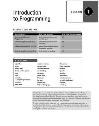 Introduction
to Programming
LESSON 1
1
Imagine that you are a software developer for the Northwind Corporation. As part of
your job, you develop computer programs to solve business problems. Examples of
the work you do include analyzing customer orders to determine applicable discounts,
updating stock information for thousands of items in a company’s inventory, and writing
interactive reports that allow users to sort and filter data.
It is important for you to make sure your programs are designed exactly according to
specifications. You also need to ensure that all computations are accurate and complete.
The programs that you write need to be robust, and they should be able to display error
messages but continue processing.
L E S S O N S K I L L M AT R I X
SKILLS/CONCEPTS MTA EXAM OBJECTIVE MTA EXAM OBJECTIVE NUMBER
Understanding Computer Understand computer storage 1.1
Programming and data types.
Understanding Decision Structures Understand computer decision 1.2
structures.
Understanding Repetition Structures Identify the appropriate method 1.3
for handling repetition.
Understanding Exception Handling Understand error handling. 1.4
K E Y T E R M S
algorithm
array
binary code
binary number system
case
class
computer
programs (programs)
constant
data types
decision structures
decision table
default statement
do-while loop
exception
finally block
flowchart
for loop
foreach loop
high-level language
if statement
if-else statement
methods
operator
recursion
switch block
switch statement
try-catch-finally block
variable
while loop
c01IntroductiontoProgramming.ind1 Page 1 2/25/11 1:55:29 PM f-392c01IntroductiontoProgramming.ind1 Page 1 2/25/11 1:55:29 PM f-392 /Users/f-392/Desktop/Nalini 23.9/ch05/Users/f-392/Desktop/Nalini 23.9/ch05
 