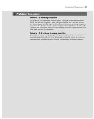 Introduction to Programming | 31
■ Proficiency Assessment
Scenario 1-3: Handling Exceptions
You are writing code for a simple arithmetic library. You decide to create a method named
Divide that takes two arguments, x and y, and returns the value of x/y. You need to catch
any arithmetic exceptions that might be thrown for errors in arithmetic, casting, or data type
conversions. You also need to catch any other exceptions that may be thrown from the code.
To address this requirement, you need to create properly structured exception-handling code.
How would you write such a program?
Scenario 1-4: Creating a Recursive Algorithm
You are developing a library of utility functions for your application. You need to write a
method that takes an integer and counts the number of significant digits in it. You need to
create a recursive program to solve this problem. How would you write such a program?
c01IntroductiontoProgramming.ind31 Page 31 2/25/11 1:55:33 PM f-392c01IntroductiontoProgramming.ind31 Page 31 2/25/11 1:55:33 PM f-392 /Users/f-392/Desktop/Nalini 23.9/ch05/Users/f-392/Desktop/Nalini 23.9/ch05
 