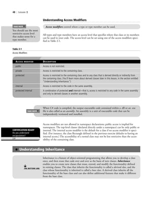 48 | Lesson 2
All types and type members have an access level that specifies where that class or its members
can be used in your code. The access level can be set using one of the access modifiers speci-
fied in Table 2-1.
Understanding Access Modifiers
Access modifiers control where a type or type member can be used.
Table 2-1
Access Modifiers
ACCESS MODIFIER DESCRIPTION
public Access is not restricted.
private Access is restricted to the containing class.
protected Access is restricted to the containing class and to any class that is derived directly or indirectly from
the containing class. (You’ll learn more about derived classes later in this lesson, in the section entitled
“Understanding Inheritance.”)
internal Access is restricted to the code in the same assembly.
protected internal A combination of protected and internal—that is, access is restricted to any code in the same assembly
and only to derived classes in another assembly.
Access modifiers are not allowed in namespace declarations; public access is implied for
namespaces. The top-level classes (declared directly under a namespace) can be only public or
internal. The internal access modifier is the default for a class if no access modifier is speci-
fied. (For instance, the class Rectangle defined in the previous exercise defaults to having an
internal access.) The accessibility of a nested class may not be less restrictive than the acces-
sibility of the containing class.
You should use the most
restrictive access level
that makes sense for a
type member.
TAKE NOTE
*
CERTIFICATION READY
Do you understand
encapsulation?
2.4
TAKE NOTE
*
When C# code is compiled, the output executable code contained within a .dll or an .exe
file is also called as an assembly. An assembly is a unit of executable code that can be
independently versioned and installed.
■ Understanding Inheritance
THE BOTTOM LINE
Inheritance is a feature of object-oriented programming that allows you to develop a class
once, and then reuse that code over and over as the basis of new classes. Inheritance
enables you to create new classes that reuse, extend, and modify the functionality defined
in existing classes. The class that inherits the functionality is called a derived class, and the
class whose functionality is inherited is called a base class. A derived class inherits all the
functionality of the base class and can also define additional features that make it different
from the base class.
c02Introductionto ObjectOriented48 Page 48 2/25/11 2:03:29 PM f-392c02Introductionto ObjectOriented48 Page 48 2/25/11 2:03:29 PM f-392 /Users/f-392/Desktop/Nalini 23.9/ch05/Users/f-392/Desktop/Nalini 23.9/ch05
 