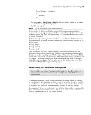 Introduction to Object-Oriented Programming | 55
foreach (Polygon p in polygons)
{
p.Draw();
}
}
5. Select Debug > Start Without Debugging. A console window will pop up to display
the drawing message for each polygon.
6. SAVE your project.
PAUSE. Leave the project open to use in the next exercise.
In this exercise, the definitions of the Polygon and the Rectangle class are simplified to
emphasize the concept of polymorphism. The base class provides a single Draw method. The
important thing to note here is the keyword virtual. This keyword allows the derived classes
to override the method.
Both the Rectangle and Triangle classes override the base class Draw method with their own
definition by using the override keyword. When executed, the Main method generates the fol-
lowing output:
Drawing: Polygon
Drawing: Rectangle
Drawing: Triangle
The List<Polygon> data type is capable of storing a collection of objects that are of type
Polygon or types that derive from Polygon. The foreach loop is iterating over a collection of
Polygon objects. The underlying type of the first object is Polygon, but the second and third
objects in the collection are actually Rectangle and Triangle objects that just happen to be cast
as Polygons. The runtime will look at the actual underlying type and invoke the overridden
method from the derived class. That’s the reason why the derived class version of the Draw
method is called for both Rectangle and Triangle objects.
Understanding the Override and New Keywords
The override keyword replaces a base class member in a derived class. The new keyword
creates a new member of the same name in the derived class and hides the base class
implementation.
When a base class defines a virtual member, the derived class has two options for handling
it—specifically, the derived class can use either the override keyword or the new keyword. The
override keyword takes priority over the base-class definition of the member. Here, the object
of the derived class will call the overridden member instead of the base-class member.
In comparison, if the new keyword is used, a new definition of the member is created and the
base-class member is hidden. However, if the derived class is cast to an instance of the base
class, the hidden members of the class can still be called.
c02Introductionto ObjectOriented55 Page 55 2/25/11 2:03:29 PM f-392c02Introductionto ObjectOriented55 Page 55 2/25/11 2:03:29 PM f-392 /Users/f-392/Desktop/Nalini 23.9/ch05/Users/f-392/Desktop/Nalini 23.9/ch05
 