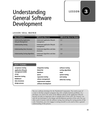 Understanding
General Software
Development
LESSON 3
65
You are a software developer for the Northwind Corporation. You work as part of
a team to develop computer programs that solve complex business problems. As a
developer, you need to be aware of the different phases of the application lifecycle
because you play an important role in multiple parts of this cycle. For instance, not
only do you participate in the design and development portions of the cycle, but you
often need to interact with the software testing team during the testing portion of the
cycle. Sometimes, you even engage in testing yourself, so you need to have a general
understanding of this process.
L E S S O N S K I L L M AT R I X
SKILLS/CONCEPTS MTA EXAM OBJECTIVE MTA EXAM OBJECTIVE NUMBER
Understanding Application Understand application lifecycle 3.1
Lifecycle Management management.
Understanding Testing Understand application lifecycle 3.1
management.
Understanding Data Structures Understand algorithms and data 3.3
structures.
Understanding Sorting Algorithms Understand algorithms and data 3.3
structures.
K E Y T E R M S
acceptance testing
application lifecycle
management (ALM)
arrays
black-box testing
Bubblesort
data structures
design process
integration testing
linked list
QuickSort
queue
regression testing
release management
requirements analysis
software development
software testing
sorting algorithms
stack
system testing
unit testing
white-box testing
c03Understanding General Softwar65 Page 65 2/26/11 11:42:05 AM f-392c03Understanding General Softwar65 Page 65 2/26/11 11:42:05 AM f-392 /Users/f-392/Desktop/Nalini 23.9/ch05/Users/f-392/Desktop/Nalini 23.9/ch05
 