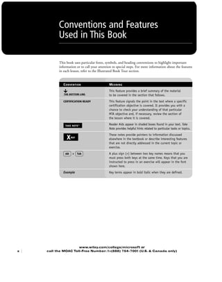 www.wiley.com/college/microsoft or
call the MOAC Toll-Free Number: 1+(888) 764-7001 (U.S. & Canada only)
Conventions and Features
Used in This Book
This book uses particular fonts, symbols, and heading conventions to highlight important
information or to call your attention to special steps. For more information about the features
in each lesson, refer to the Illustrated Book Tour section.
x |
CONVENTION MEANING
This feature provides a brief summary of the material
to be covered in the section that follows.
CERTIFICATION READY This feature signals the point in the text where a specific
certification objective is covered. It provides you with a
chance to check your understanding of that particular
MTA objective and, if necessary, review the section of
the lesson where it is covered.
Reader Aids appear in shaded boxes found in your text. Take
Note provides helpful hints related to particular tasks or topics.
These notes provide pointers to information discussed
elsewhere in the textbook or describe interesting features
that are not directly addressed in the current topic or
exercise.
Alt + Tab A plus sign (+) between two key names means that you
must press both keys at the same time. Keys that you are
instructed to press in an exercise will appear in the font
shown here.
Example Key terms appear in bold italic when they are defined.
TAKE NOTE*
*
THE BOTTOM LINE
XREF
FMTOC.indd Page x 3/9/11 12:25 PM user-F392FMTOC.indd Page x 3/9/11 12:25 PM user-F392 /Users/user-F392/Desktop/Users/user-F392/Desktop
 