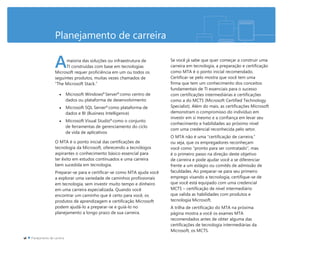Planejamento de carreira
maioria das soluções ou infraestrutura de
TI construídas com base em tecnologias
Microsoft requer proficiência em um ou todos os
seguintes produtos, muitas vezes chamados de
“The Microsoft Stack.”
Microsoft Windows®
Server®
como centro de
dados ou plataforma de desenvolvimento
Microsoft SQL Server®
como plataforma de
dados e BI (Business Intelligence)
Microsoft Visual Studio®
como o conjunto
de ferramentas de gerenciamento do ciclo
de vida de aplicativos
O MTA é o ponto inicial das certificações de
tecnologia da Microsoft, oferecendo a tecnólogos
aspirantes o conhecimento básico essencial para
ter êxito em estudos continuados e uma carreira
bem sucedida em tecnologia.
Preparar-se para e certificar-se como MTA ajuda você
a explorar uma variedade de caminhos profissionais
em tecnologia, sem investir muito tempo e dinheiro
em uma carreira especializada. Quando você
encontrar um caminho que é certo para você, os
produtos de aprendizagem e certificação Microsoft
podem ajudá-lo a preparar-se e guiá-lo no
planejamento a longo prazo de sua carreira.
Se você já sabe que quer começar a construir uma
carreira em tecnologia, a preparação e certificação
como MTA é o ponto inicial recomendado.
Certificar-se pelo mostra que você tem uma
firma que tem um conhecimento dos conceitos
fundamentais de TI essenciais para o sucesso
com certificações intermediárias e certificações
como a do MCTS (Microsoft Certified Technology
Specialist). Além do mais, as certificações Microsoft
demonstram o compromisso do indivíduo em
investir em si mesmo e a confiança em levar seu
conhecimento e habilidades ao próximo nível
com uma credencial reconhecida pelo setor.
O MTA não é uma “certificação de carreira,”
ou seja, que os empregadores reconheçam
você como “pronto para ser contratado”, mas
é o primeiro passo na direção deste objetivo
de carreira e pode ajudar você a se diferenciar
frente a um estágio ou comitês de admissão de
faculdades. Ao preparar-se para seu primeiro
emprego visando a tecnologia, certifique-se de
que você está equipado com uma credencial
MCTS – certificação de nível intermediário
que valida as habilidades com produtos e
tecnologia Microsoft.
A trilha de certificação do MTA na próxima
página mostra a você os exames MTA
recomendados antes de obter alguma das
certificações de tecnologia intermediárias da
Microsoft, os MCTS.
A
 