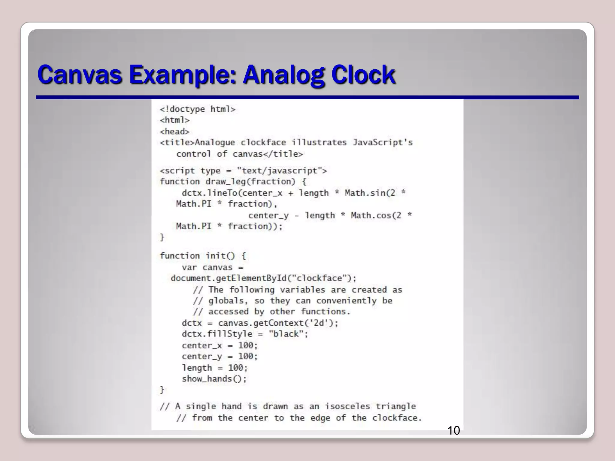 Canvas Example: Analog Clock

10

 