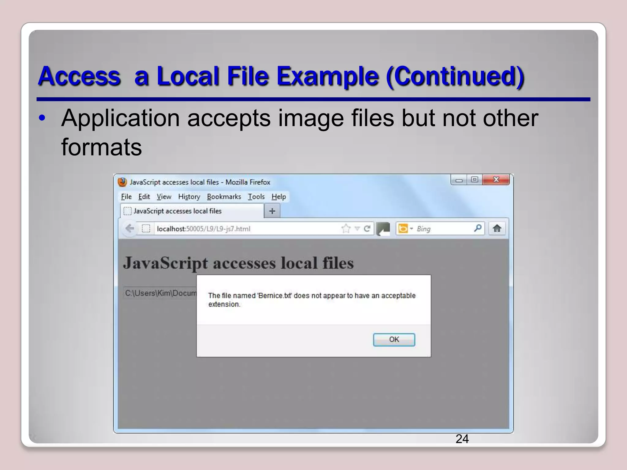 Access a Local File Example (Continued)
• Application accepts image files but not other
formats

24

 