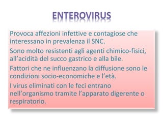 Provoca affezioni infettive e contagiose che
interessano in prevalenza il SNC.
Sono molto resistenti agli agenti chimico-fisici,
all’acidità del succo gastrico e alla bile.
Fattori che ne influenzano la diffusione sono le
condizioni socio-economiche e l’età.
I virus eliminati con le feci entrano
nell’organismo tramite l’apparato digerente o
respiratorio.
 