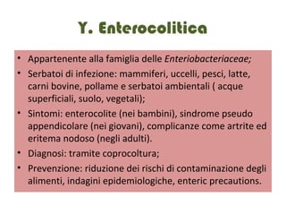 Y. Enterocolitica
   Appartenente alla famiglia delle Enteriobacteriaceae;
   Serbatoi di infezione: mammiferi, uccelli, pesci,
    latte, carni bovine, pollame e serbatoi ambientali
    ( acque superficiali, suolo, vegetali);
   Sintomi: enterocolite (nei bambini), sindrome
    pseudo appendicolare (nei giovani), complicanze
    come artrite ed eritema nodoso (negli adulti).
   Diagnosi: tramite coprocoltura;
   Prevenzione: riduzione dei rischi di contaminazione
    degli alimenti, indagini epidemiologiche, enteric
    precautions.
 