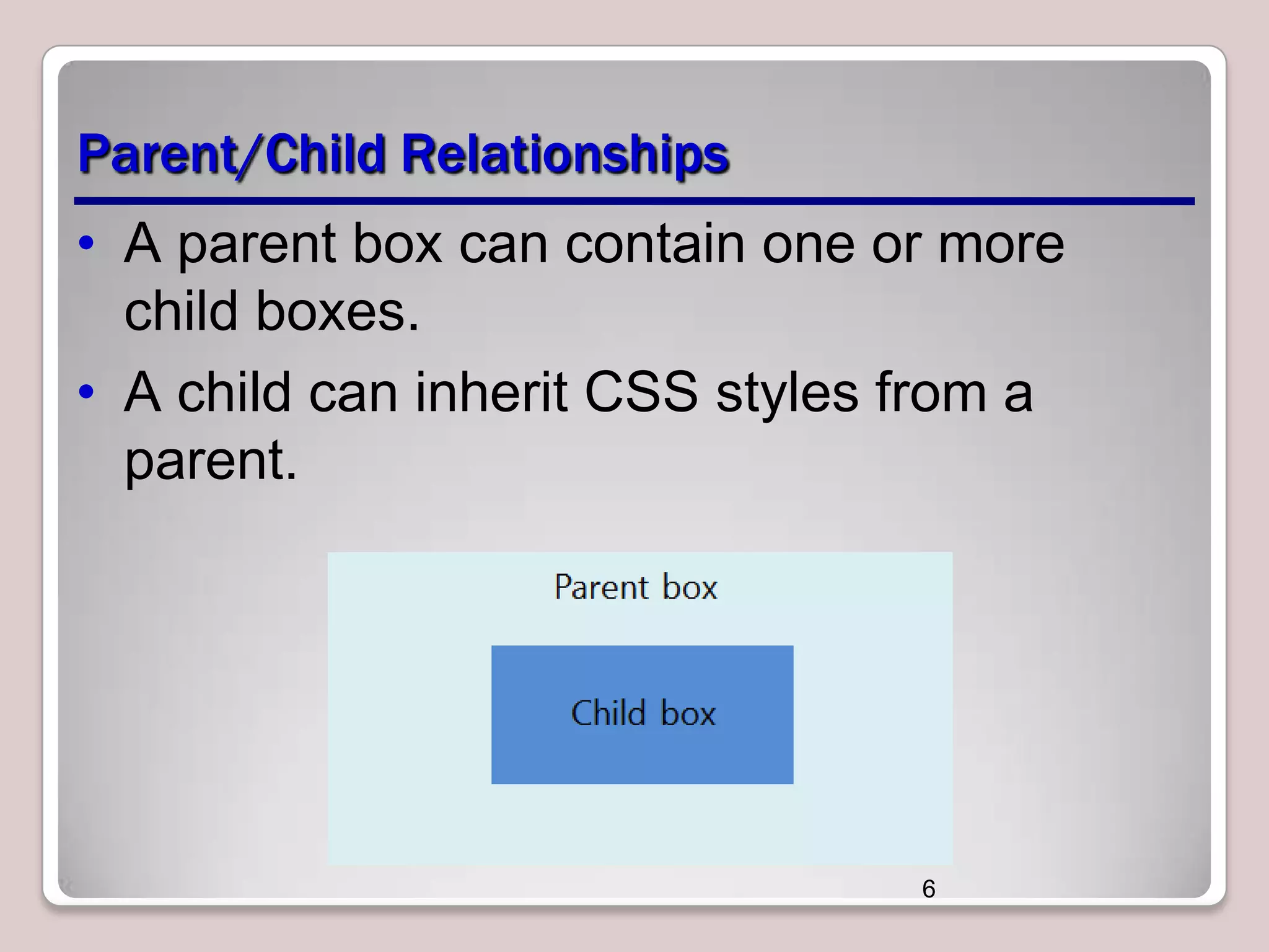 Parent/Child Relationships
• A parent box can contain one or more
child boxes.
• A child can inherit CSS styles from a
parent.

6

 