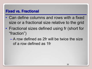 Fixed vs. Fractional
• Can define columns and rows with a fixed
size or a fractional size relative to the grid
• Fractional sizes defined using fr (short for
―fraction‖)
– A row defined as 2fr will be twice the size
of a row defined as 1fr

30

 