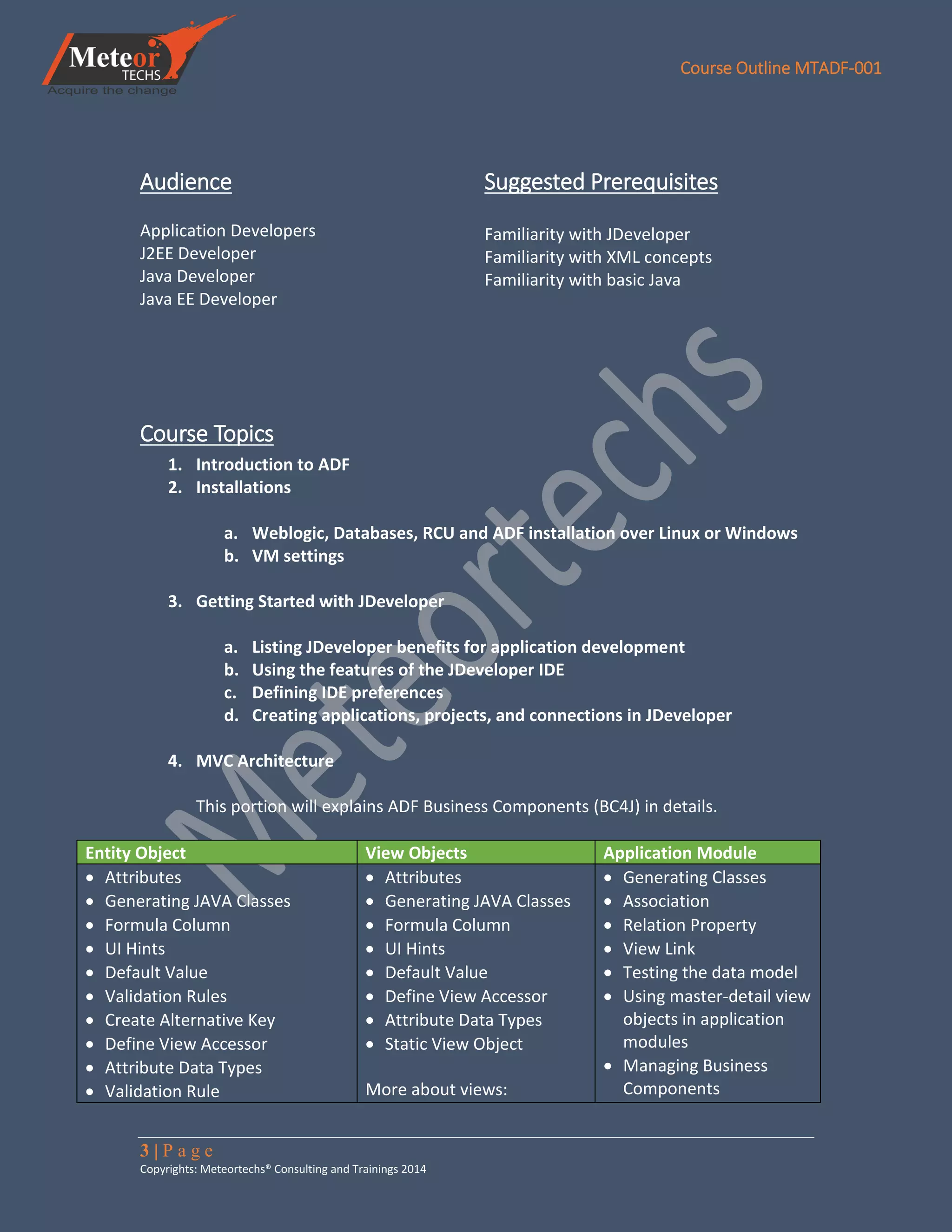 Course Outline MTADF-001
3 | P a g e
Copyrights: Meteortechs® Consulting and Trainings 2014
Audience
Application Developers
J2EE Developer
Java Developer
Java EE Developer
Suggested Prerequisites
Familiarity with JDeveloper
Familiarity with XML concepts
Familiarity with basic Java
Course Topics
1. Introduction to ADF
2. Installations
a. Weblogic, Databases, RCU and ADF installation over Linux or Windows
b. VM settings
3. Getting Started with JDeveloper
a. Listing JDeveloper benefits for application development
b. Using the features of the JDeveloper IDE
c. Defining IDE preferences
d. Creating applications, projects, and connections in JDeveloper
4. MVC Architecture
This portion will explains ADF Business Components (BC4J) in details.
Entity Object View Objects Application Module
 Attributes
 Generating JAVA Classes
 Formula Column
 UI Hints
 Default Value
 Validation Rules
 Create Alternative Key
 Define View Accessor
 Attribute Data Types
 Validation Rule
 Attributes
 Generating JAVA Classes
 Formula Column
 UI Hints
 Default Value
 Define View Accessor
 Attribute Data Types
 Static View Object
More about views:
 Generating Classes
 Association
 Relation Property
 View Link
 Testing the data model
 Using master-detail view
objects in application
modules
 Managing Business
Components
 