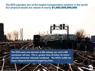 Printed12/29/20173:41PM
The MTA operates one of the largest transportation systems in the world.
Our physical assets are valued at nearly $1,000,000,000,000
The MTA owns and operates 6,300 subway cars and 2,400
commuter rail cars. This is greater than all other US metro
rail and commuter railroads combined. The MTA’s 5,600 city
buses comprise America's largest bus fleet.
December 11, 2017 Smart Infrastructure Asset Management 10
 