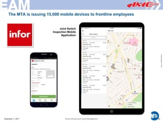 Printed12/29/20173:41PM
The MTA is issuing 15,000 mobile devices to frontline employees
December 11, 2017 Smart Infrastructure Asset Management 26
Joint Switch
Inspection Mobile
Application
 
