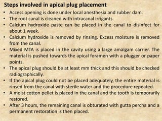 • Access opening is done under local anesthesia and rubber dam.
• The root canal is cleaned with intracanal irrigants.
• Calcium hydroxide paste can be placed in the canal to disinfect for
about 1 week.
• Calcium hydroxide is removed by rinsing. Excess moisture is removed
from the canal.
• Mixed MTA is placed in the cavity using a large amalgam carrier. The
material is pushed towards the apical foramen with a plugger or paper
points.
• The apical plug should be at least mm thick and this should be checked
radiographically.
• If the apical plug could not be placed adequately, the entire material is
rinsed from the canal with sterile water and the procedure repeated.
• A moist cotton pellet is placed in the canal and the tooth is temporarily
restored.
• After 3 hours, the remaining canal is obturated with gutta percha and a
permanent restoration is then placed.
Steps involved in apical plug placement
 