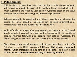 • Bleeding is controlled with a cotton moistened with Sodium
Hypochlorite (NaOCl).
• MTA is placed over the exposed pulp u...