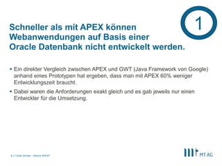 |
Schneller als mit APEX können
Webanwendungen auf Basis einer
Oracle Datenbank nicht entwickelt werden.
 Ein direkter Vergleich zwischen APEX und GWT (Java Framework von Google)
anhand eines Prototypen hat ergeben, dass man mit APEX 60% weniger
Entwicklungszeit braucht.
 Dabei waren die Anforderungen exakt gleich und es gab jeweils nur einen
Entwickler für die Umsetzung.
7 Gute Gründe – Warum APEX?3
1
 