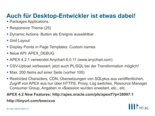 Auch für Desktop-Entwickler ist etwas dabei!
 Packages Applications
 Responsive Theme (25)
 Dynamic Actions: Button als Ereignis auswählbar
 Grid Layout
 Display Points in Page Templates: Custom names
 Neue API: APEX_DEBUG
 APEX 4.2.1 verwendet Anychart 6.0.11 (www.anychart.com)
 CSV-Upload verbessert: jetzt auch PL/SQL bei der Transformation möglich!
 Max. 200 Items auf einer Seite (vorher 100)
 Restricted Characters, CDN, Übersetzungen von SQLplus aus veröffentlichen,
  Zugriff von APEX aus nur über HTTPS, Proxy, Log switches, Resource Manager
  Consumer Group, Angaben in v$session wurden erweitert, etc., etc.
APEX 4.2 New Features: http://apex.oracle.com/pls/apex/f?p=38997:1
http://tinyurl.com/boecxus
12 | New Features APEX 4.2
 
