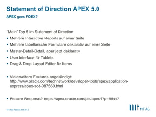 Statement of Direction APEX 5.0
APEX goes FOEX?



“Mein” Top 5 im Statement of Direction:
 Mehrere Interactive Reports auf einer Seite
 Mehrere tabellarische Formulare deklarativ auf einer Seite
 Master-Detail-Detail, aber jetzt deklarativ
 User Interface für Tablets
 Drag & Drop Layout Editor für Items


 Viele weitere Features angekündigt:
  http://www.oracle.com/technetwork/developer-tools/apex/application-
  express/apex-sod-087560.html


 Feature Requests? https://apex.oracle.com/pls/apex/f?p=55447

14 | New Features APEX 4.2
 