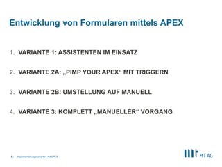 |
Entwicklung von Formularen mittels APEX
1. VARIANTE 1: ASSISTENTEN IM EINSATZ
2. VARIANTE 2A: „PIMP YOUR APEX“ MIT TRIGGERN
3. VARIANTE 2B: UMSTELLUNG AUF MANUELL
4. VARIANTE 3: KOMPLETT „MANUELLER“ VORGANG
Implementierungsvarianten mit APEX3
 