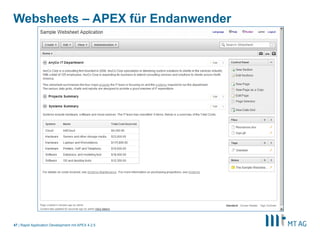 45
Websheets – APEX für Endanwender
Rapid Application Development mit APEX 5
Daten und Texte zentral verwalten und web-fähig machen
§ Textseiten
§ Editierbare Data Grids
§ Interactive Reports
§ Attachments, Tagging, Bemerkungen
APEX für "Business User"
§ Keine Programmierung nötig
§ Verteilung per URL (/apex/ws?p=999:home)
§ Rechtekonzept per ACL
 