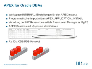51
Für unterwegs…
Rapid Application Development mit APEX 5
§ Mobile Webanwendung
§ Einmal entwickeln…
§ läuft auf iOS (iPhone/iPad), Windows Phone, Android
§ Verwendet jQuery Mobile (bis APEX 5.1)
§ Auto-Detect: Desktop oder Smartphone?
§ Native Funktionen mittels PhoneGap einsetzen
§ Ermöglicht den Zugriff auf lokale Ressourcen
§ Auch hier: einmal entwickeln…
§ QR Code für eine Demo App einscannen (mobile Barcodescanner)
Beispielcode zum Scannen:
 
