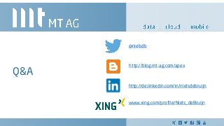 Q&A
@nielsdb
http://de.linkedin.com/in/nielsdebruijn
www.xing.com/profile/Niels_deBruijn
http://blog.mt-ag.com/apex
 