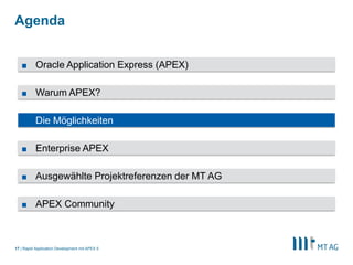 |
Agenda
Rapid Application Development mit APEX 517
■ Die Möglichkeiten
■ Warum APEX?
■ Oracle Application Express (APEX)
■ Enterprise APEX
■ Ausgewählte Projektreferenzen der MT AG
■ APEX Community
 