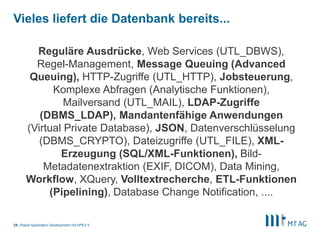 |
Vieles liefert die Datenbank bereits...
Rapid Application Development mit APEX 529
Reguläre Ausdrücke, Web Services (UTL_DBWS),
Regel-Management, Message Queuing (Advanced
Queuing), HTTP-Zugriffe (UTL_HTTP), Jobsteuerung,
Komplexe Abfragen (Analytische Funktionen),
Mailversand (UTL_MAIL), LDAP-Zugriffe
(DBMS_LDAP), Mandantenfähige Anwendungen
(Virtual Private Database), JSON, Datenverschlüsselung
(DBMS_CRYPTO), Dateizugriffe (UTL_FILE), XML-
Erzeugung (SQL/XML-Funktionen), Bild-
Metadatenextraktion (EXIF, DICOM), Data Mining,
Workflow, XQuery, Volltextrecherche, ETL-Funktionen
(Pipelining), Database Change Notification, ....
 