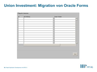 |
Union Investment: Migration von Oracle Forms
Rapid Application Development mit APEX 568
 