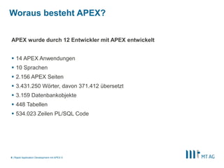 |
Woraus besteht APEX?
Rapid Application Development mit APEX 59
APEX wurde durch 12 Entwickler mit APEX entwickelt
 14 APEX Anwendungen
 10 Sprachen
 2.156 APEX Seiten
 3.431.250 Wörter, davon 371.412 übersetzt
 3.159 Datenbankobjekte
 448 Tabellen
 534.023 Zeilen PL/SQL Code
 