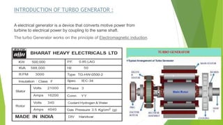 INTRODUCTION OF TURBO GENERATOR :
A electrical generator is a device that converts motive power from
turbine to electrical power by coupling to the same shaft.
The turbo Generator works on the principle of Electromagnetic induction.
 