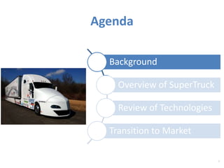 Agenda 
1 
Background 
Overview of SuperTruck 
Review of Technologies 
Transition to Market 
 