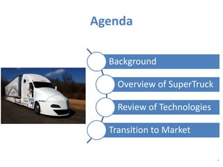 Agenda 
4 
Background 
Overview of SuperTruck 
Review of Technologies 
Transition to Market 
 