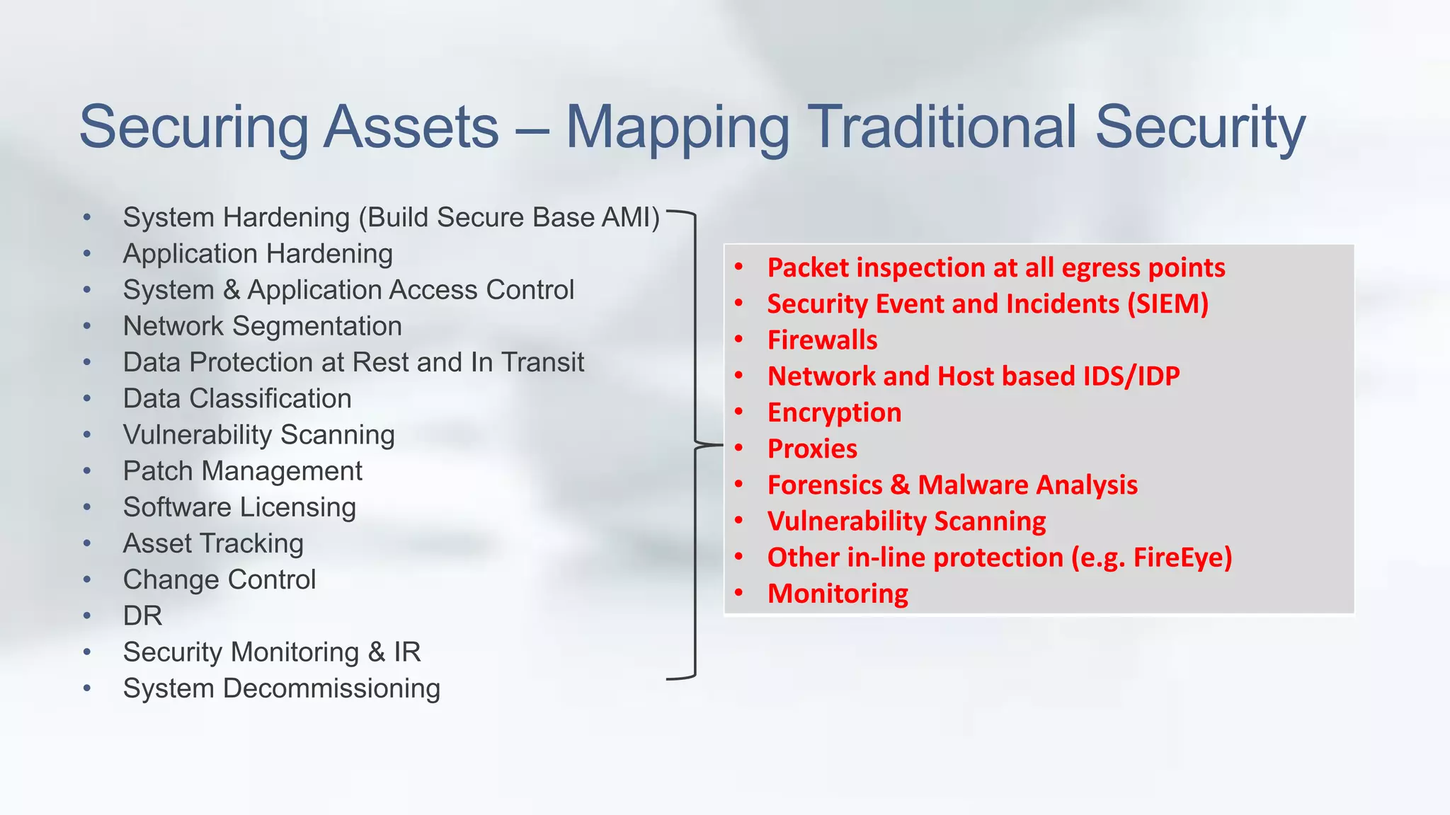Securing Assets – Mapping Traditional Security 
• System Hardening (Build Secure Base AMI) 
• Application Hardening 
• System & Application Access Control 
• Network Segmentation 
• Data Protection at Rest and In Transit 
• Data Classification 
• Vulnerability Scanning 
• Patch Management 
• Software Licensing 
• Asset Tracking 
• Change Control 
• DR 
• Security Monitoring & IR 
• System Decommissioning 
• Packet inspection at all egress points 
• Security Event and Incidents (SIEM) 
• Firewalls 
• Network and Host based IDS/IDP 
• Encryption 
• Proxies 
• Forensics & Malware Analysis 
• Vulnerability Scanning 
• Other in-line protection (e.g. FireEye) 
• Monitoring 
 